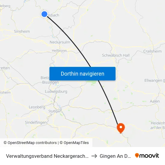 Verwaltungsverband Neckargerach-Waldbrunn to Gingen An Der Fils map
