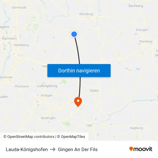 Lauda-Königshofen to Gingen An Der Fils map