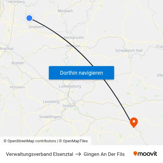 Verwaltungsverband Elsenztal to Gingen An Der Fils map