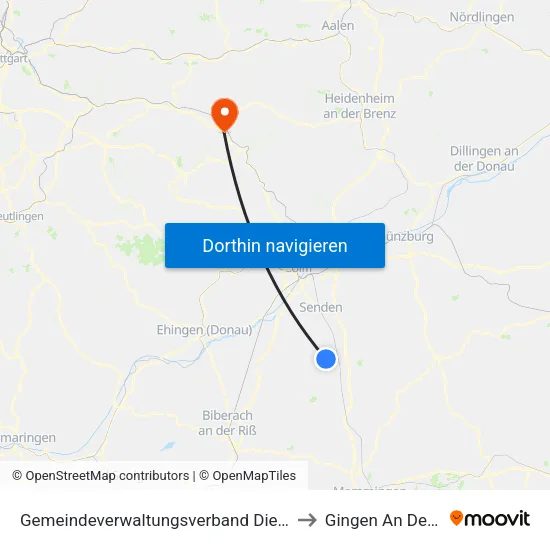 Gemeindeverwaltungsverband Dietenheim to Gingen An Der Fils map