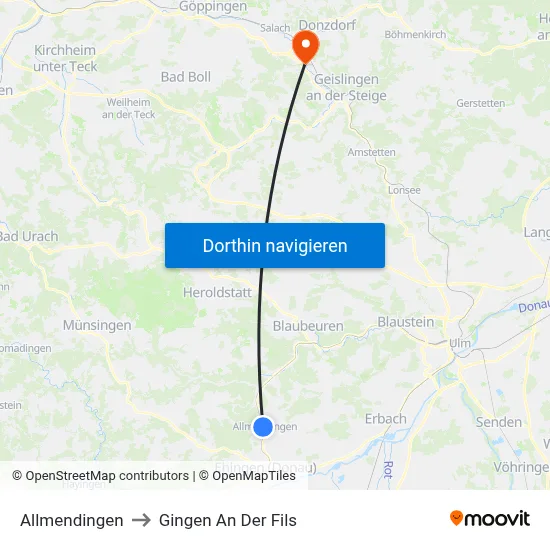 Allmendingen to Gingen An Der Fils map