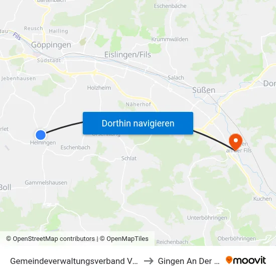 Gemeindeverwaltungsverband Voralb to Gingen An Der Fils map