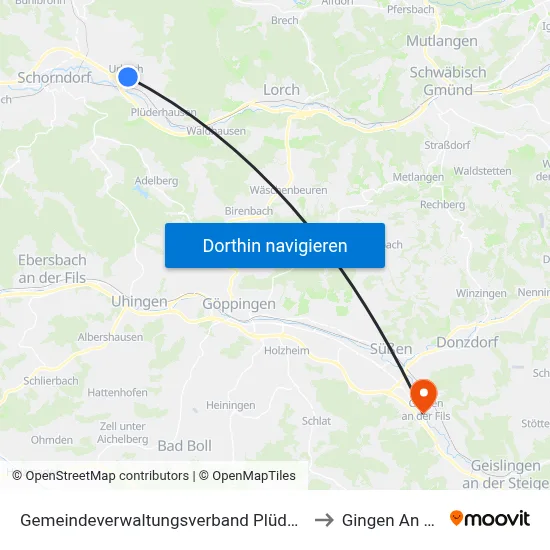 Gemeindeverwaltungsverband Plüderhausen-Urbach to Gingen An Der Fils map