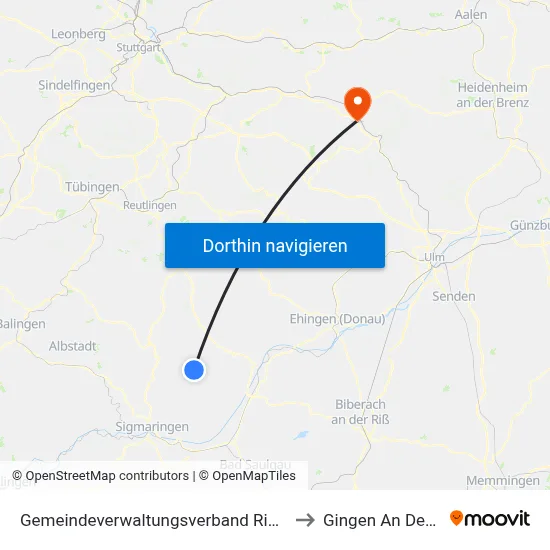 Gemeindeverwaltungsverband Riedlingen to Gingen An Der Fils map