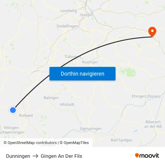 Dunningen to Gingen An Der Fils map