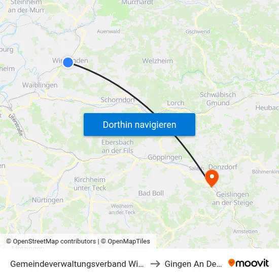 Gemeindeverwaltungsverband Winnenden to Gingen An Der Fils map
