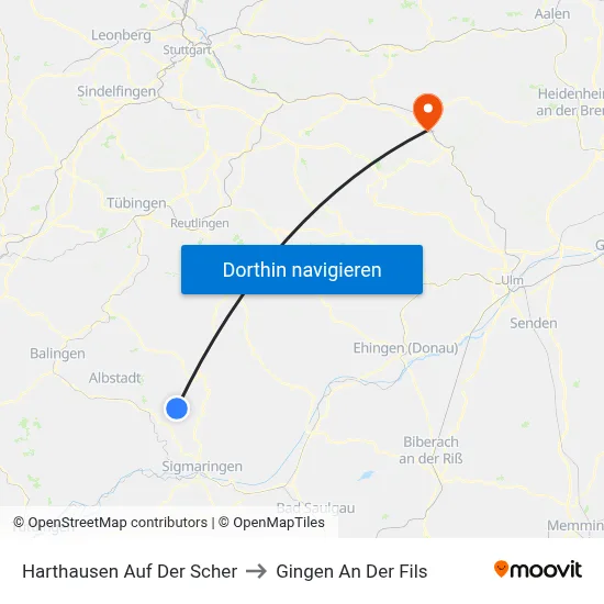 Harthausen Auf Der Scher to Gingen An Der Fils map