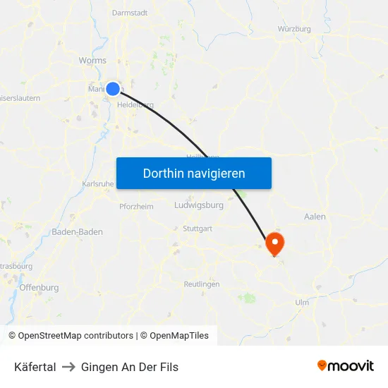 Käfertal to Gingen An Der Fils map