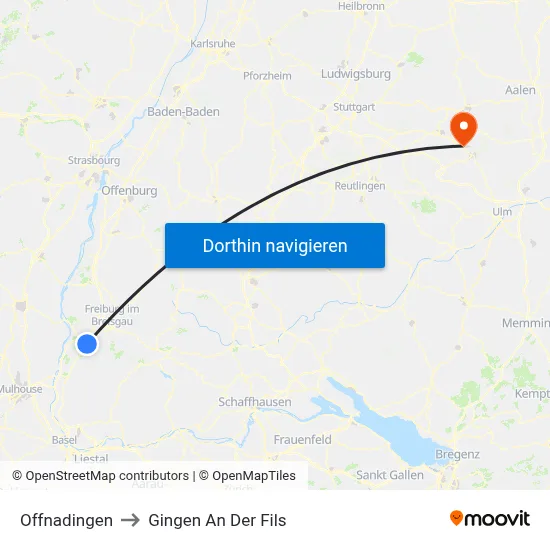 Offnadingen to Gingen An Der Fils map