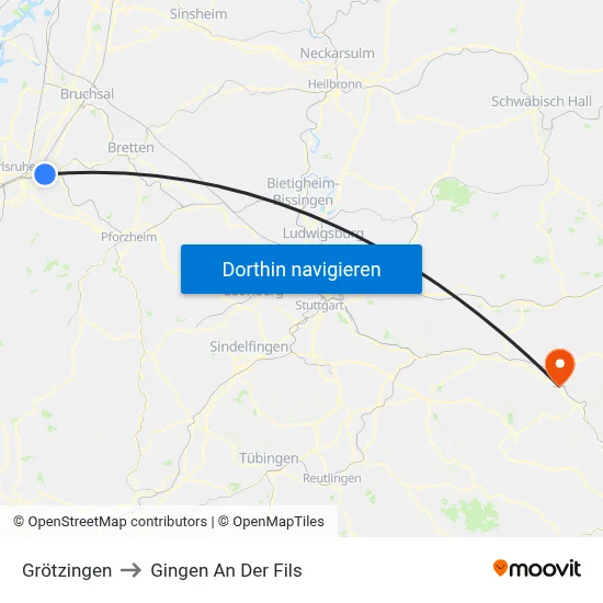 Grötzingen to Gingen An Der Fils map