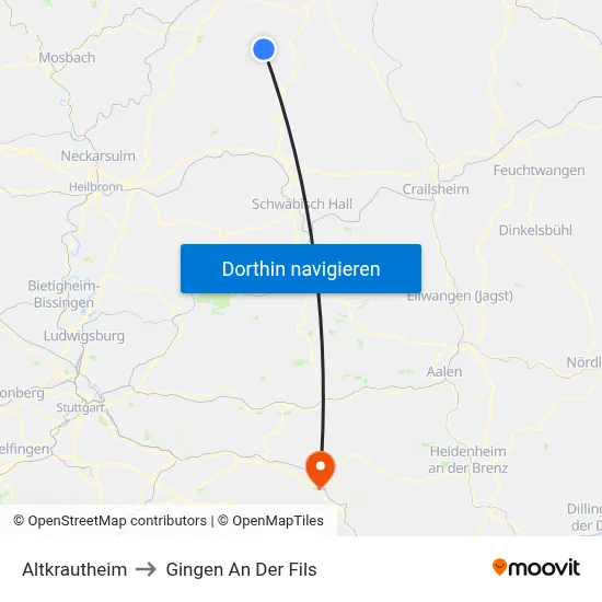 Altkrautheim to Gingen An Der Fils map