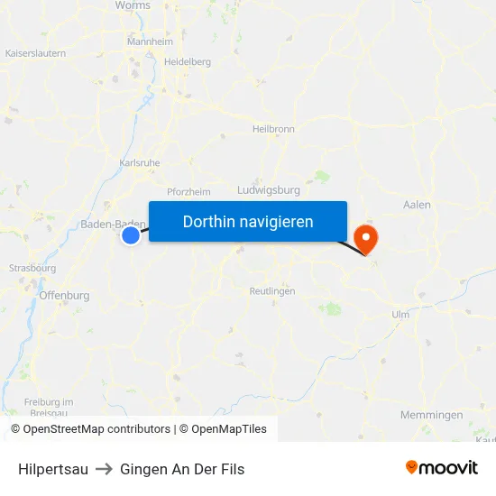 Hilpertsau to Gingen An Der Fils map