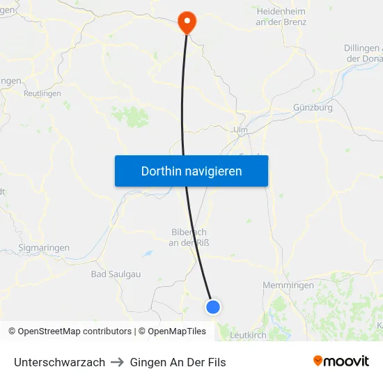 Unterschwarzach to Gingen An Der Fils map