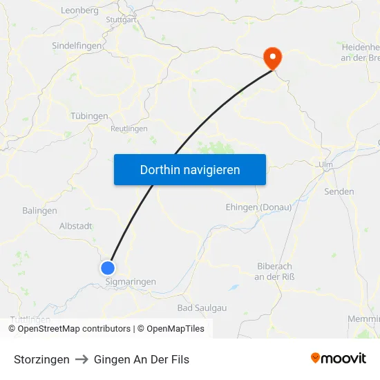 Storzingen to Gingen An Der Fils map