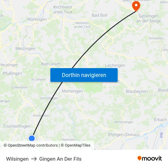 Wilsingen to Gingen An Der Fils map