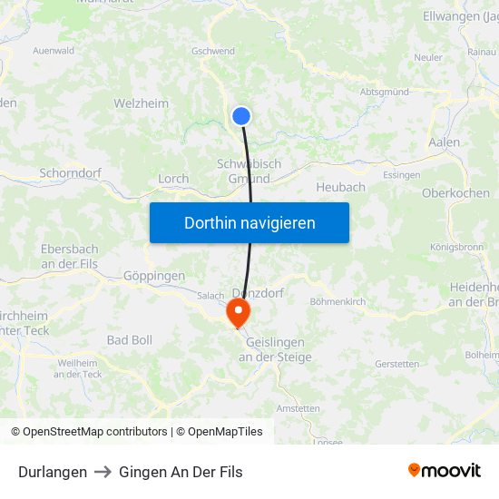 Durlangen to Gingen An Der Fils map