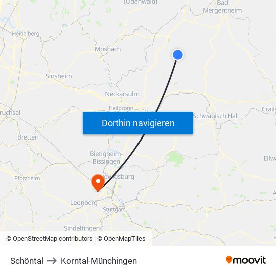 Schöntal to Korntal-Münchingen map