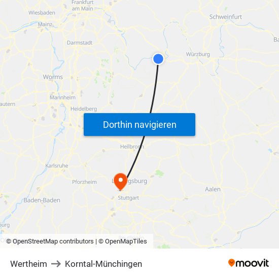 Wertheim to Korntal-Münchingen map