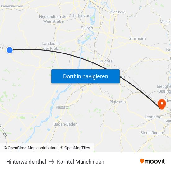 Hinterweidenthal to Korntal-Münchingen map