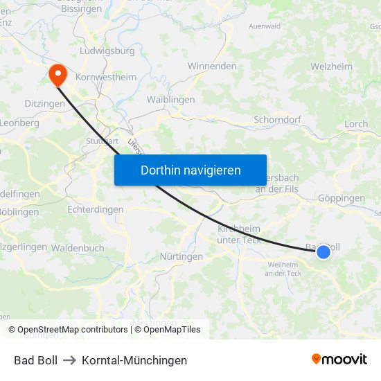 Bad Boll to Korntal-Münchingen map