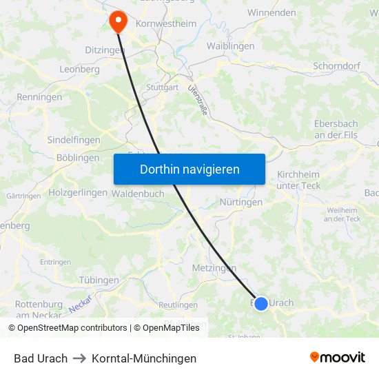 Bad Urach to Korntal-Münchingen map