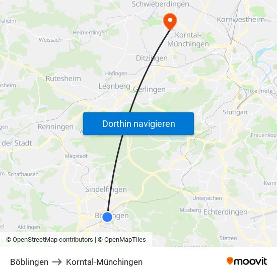 Böblingen to Korntal-Münchingen map