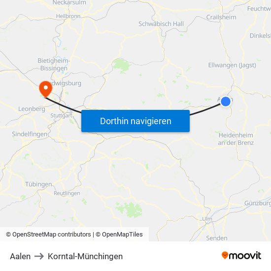 Aalen to Korntal-Münchingen map