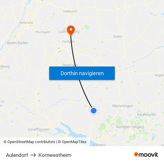 Aulendorf to Kornwestheim map