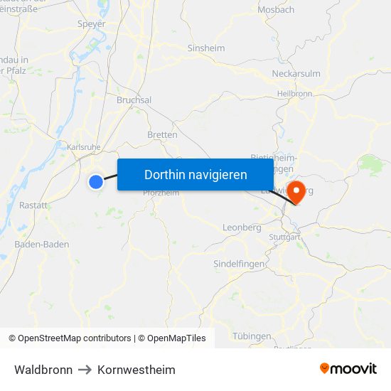Waldbronn to Kornwestheim map