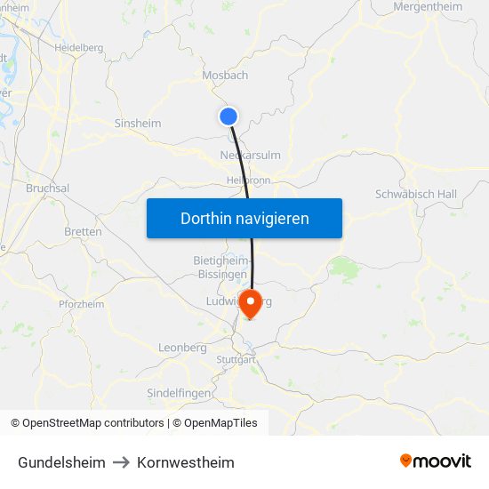 Gundelsheim to Kornwestheim map