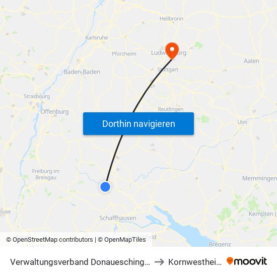 Verwaltungsverband Donaueschingen to Kornwestheim map