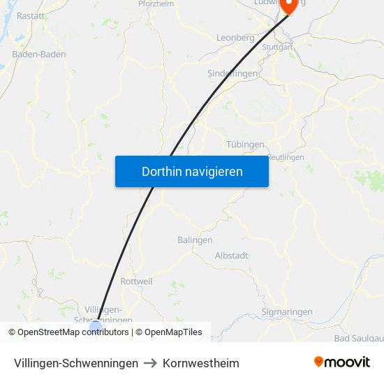 Villingen-Schwenningen to Kornwestheim map
