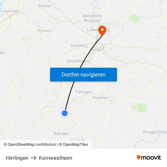 Hirrlingen to Kornwestheim map