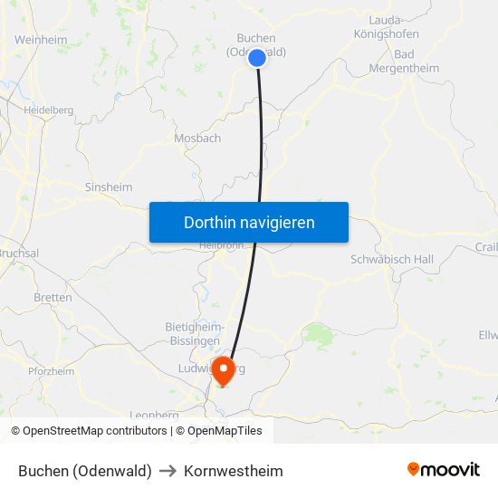 Buchen (Odenwald) to Kornwestheim map