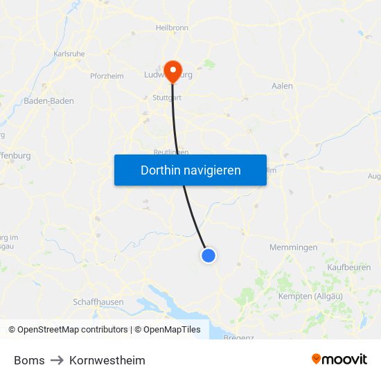 Boms to Kornwestheim map