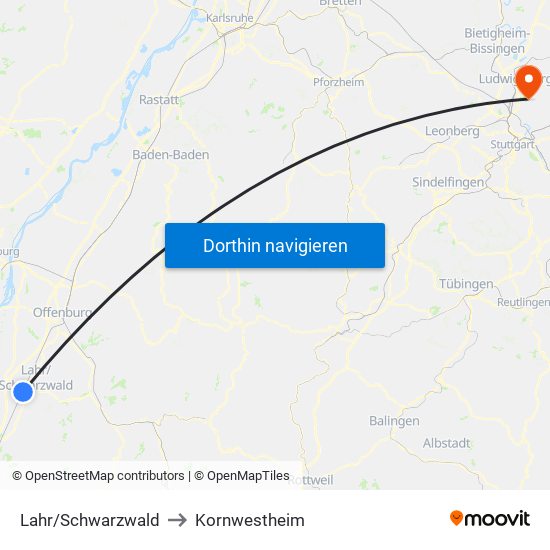 Lahr/Schwarzwald to Kornwestheim map