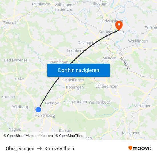 Oberjesingen to Kornwestheim map