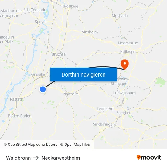 Waldbronn to Neckarwestheim map