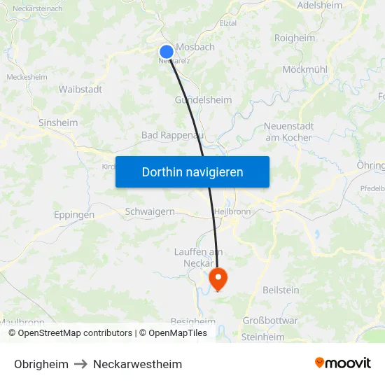 Obrigheim to Neckarwestheim map