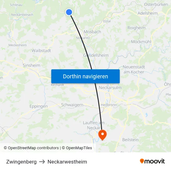 Zwingenberg to Neckarwestheim map