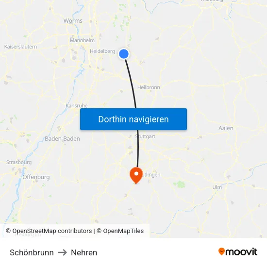 Schönbrunn to Nehren map