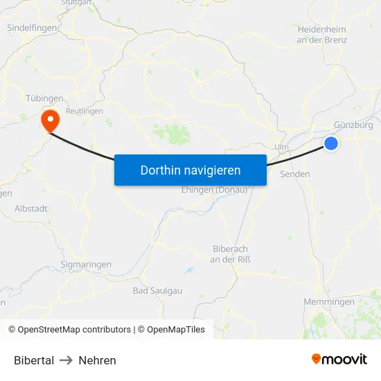 Bibertal to Nehren map