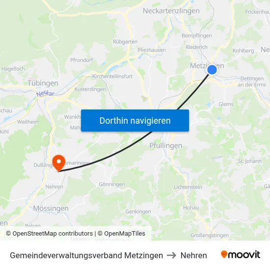 Gemeindeverwaltungsverband Metzingen to Nehren map