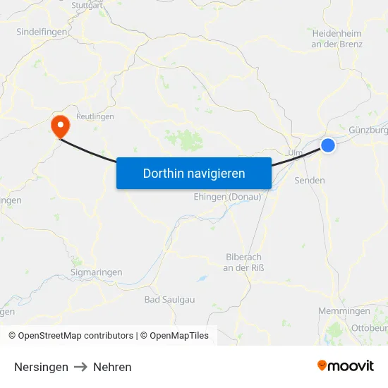 Nersingen to Nehren map