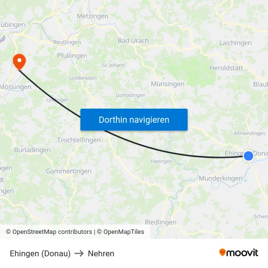 Ehingen (Donau) to Nehren map