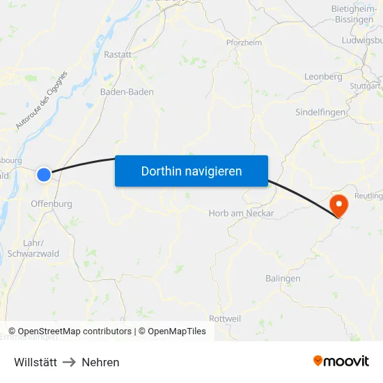 Willstätt to Nehren map