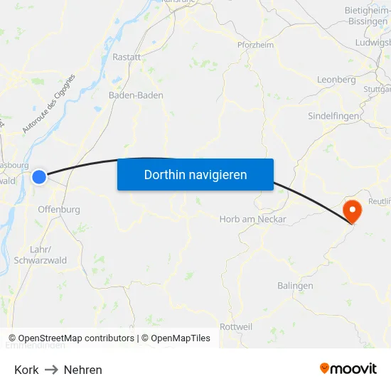 Kork to Nehren map