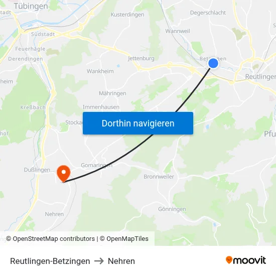 Reutlingen-Betzingen to Nehren map