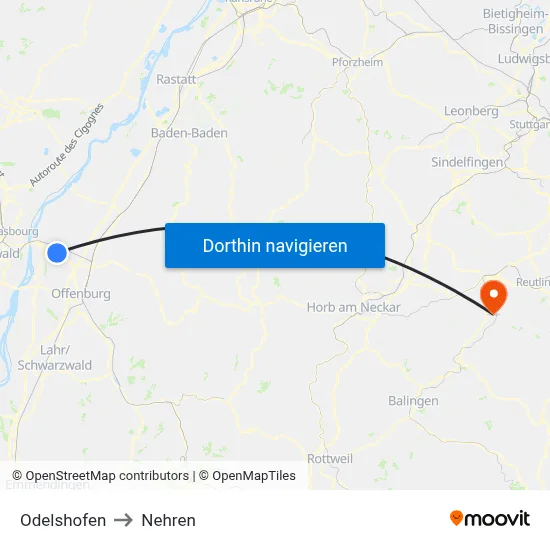 Odelshofen to Nehren map