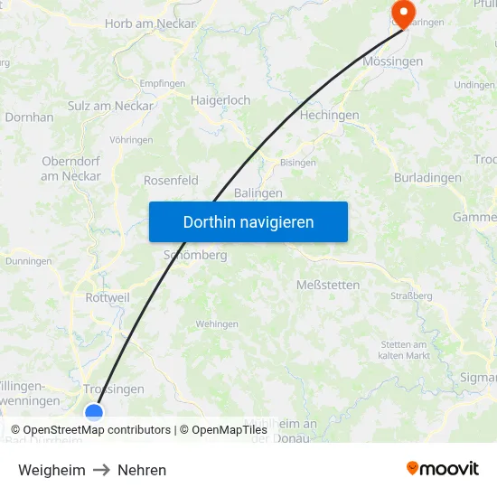 Weigheim to Nehren map